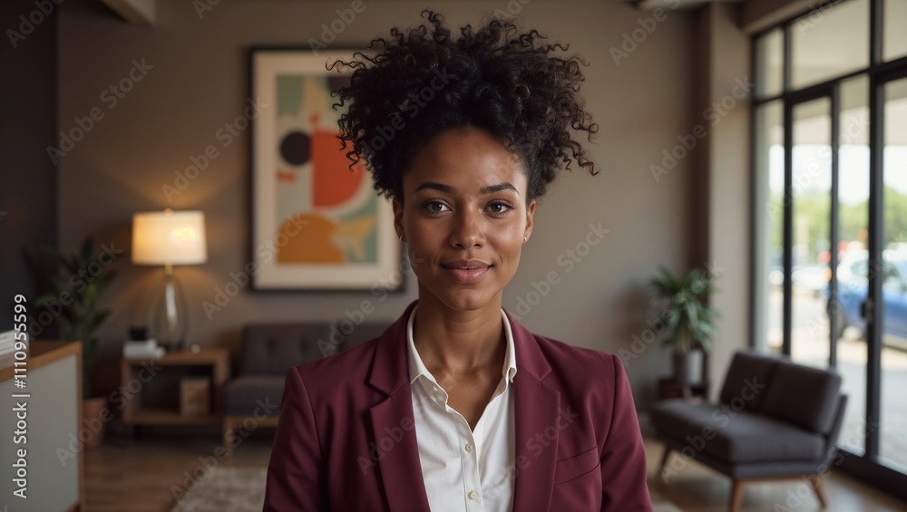 Professional African American receptionist in burgundy blazer welcoming guests at luxury hotel lobby Professional African American receptionist in burgundy blazer welcoming guests at luxury hotel lobby