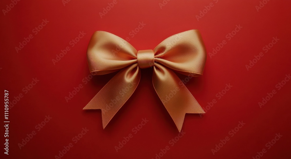 Decorative golden bow on a vibrant red background ready for gift wrapping during a festive occasion Decorative golden bow on a vibrant red background ready for gift wrapping during a festive occasion