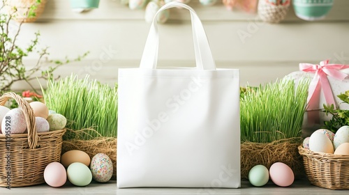 Easter Celebration Concept with White Tote Bag and Colorful Eggs