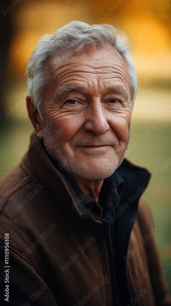 Older man with gray hair smiles warmly while wearing a brown jacket in a natural setting during the golden hour of late afternoon Older man with gray hair smiles warmly while wearing a brown jacket in a natural setting during the golden hour of late afternoon