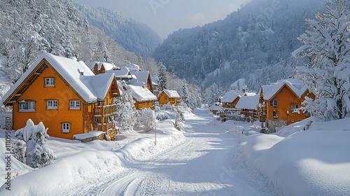 Snow-covered village with orange houses nestled in a winter landscape.