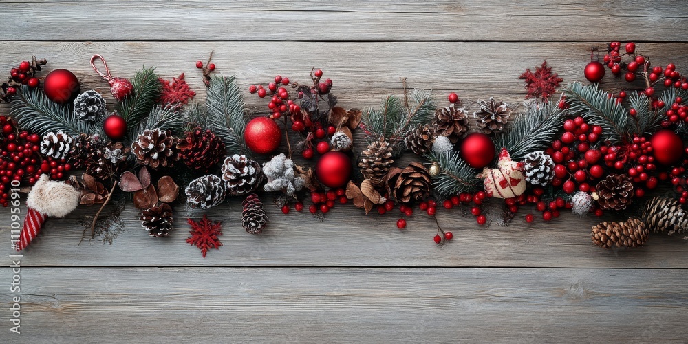 A rustic holiday composition with pinecones, red berries, evergreen branches, and red ornaments elegantly arranged on a wooden plank for a festive feel. A rustic holiday composition with pinecones, red berries, evergreen branches, and red ornaments elegantly arranged on a wooden plank for a festive feel.