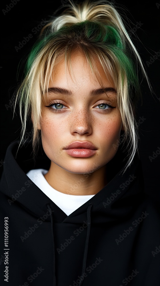 Young Caucasian woman with striking blue eyes and blonde hair wearing a black hoodie. Young Caucasian woman with striking blue eyes and blonde hair wearing a black hoodie.