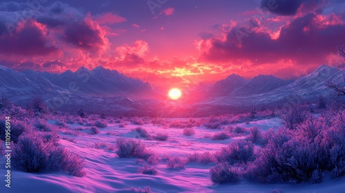 A breathtaking winter sunrise over a snow-capped mountain range, showcasing a breathtaking landscape with frosted plants. A picturesque winter wonderland scene, perfect for wallpapers and displays.