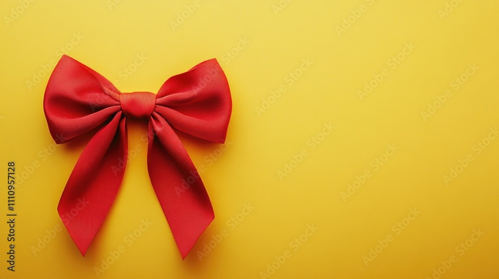 Elegant Red Ribbon Bow Against Yellow Background Elegant Red Ribbon Bow Against Yellow Background