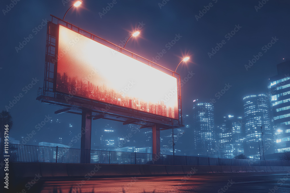 Urban Nightscape Featuring Illuminated Billboard Surrounded by Skyscrapers in a Modern City with Fog and Vibrant Light Reflections Urban Nightscape Featuring Illuminated Billboard Surrounded by Skyscrapers in a Modern City with Fog and Vibrant Light Reflections