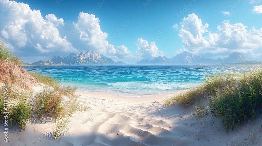 Serene Coastal Landscape: Picturesque Beach Scene with Majestic Mountains and Azure Ocean Serene Coastal Landscape: Picturesque Beach Scene with Majestic Mountains and Azure Ocean