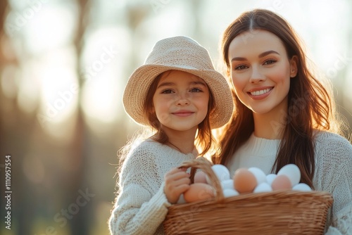 A smiling mother and daughter joyfully hold a basket full of colorful eggs, standing outside in pleasant sunlight, symbolizing a loving family moment in nature. photo