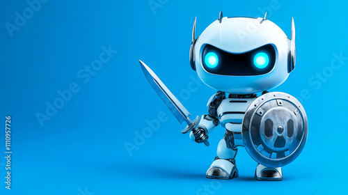 Wallpaper Mural Cute robot with shield and swaord on blue background , Cyber security concept . Torontodigital.ca