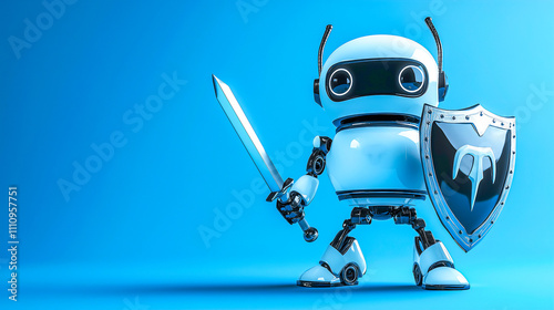 Wallpaper Mural Cute robot with shield and swaord on blue background , Cyber security concept . Torontodigital.ca