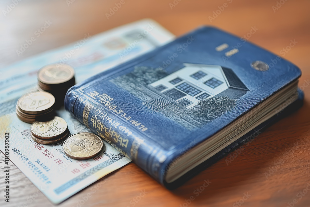Close-up of a financial planning book with a house illustration, coins, and banknotes on a wooden table representing personal finance and budgeting strategies Close-up of a financial planning book with a house illustration, coins, and banknotes on a wooden table representing personal finance and budgeting strategies