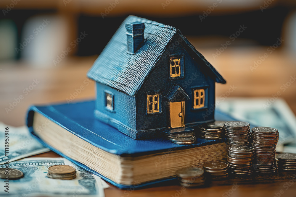 Model house on a book surrounded by stacks of coins and banknotes symbolizing finance, investment, real estate purchase, and mortgage concepts Model house on a book surrounded by stacks of coins and banknotes symbolizing finance, investment, real estate purchase, and mortgage concepts
