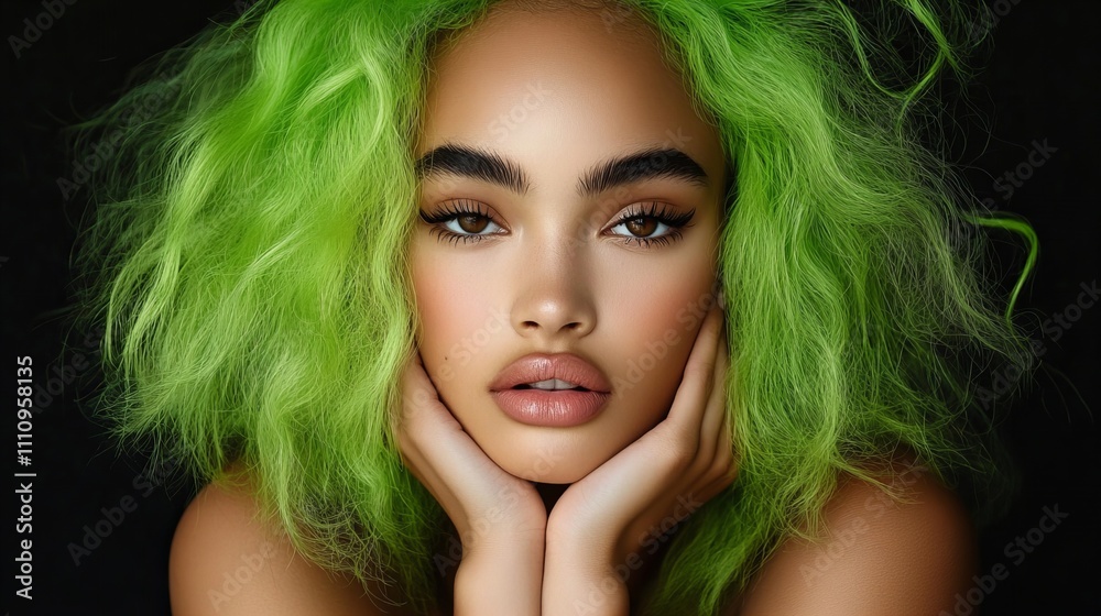 A young woman with vibrant green hair poses gracefully, showcasing striking features and captivating expression.