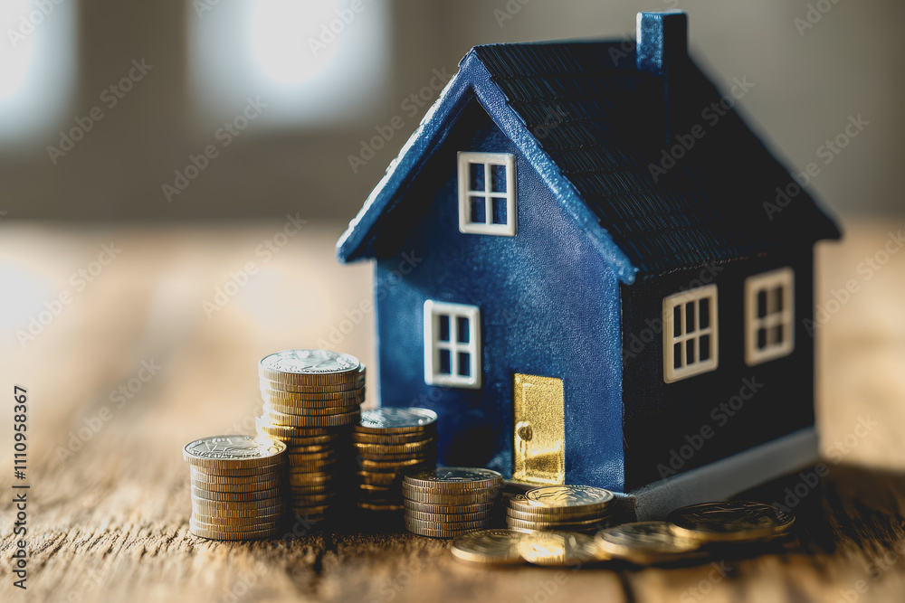 Miniature blue house model surrounded by stacks of coins on a wooden table, symbolizing real estate investment and financial growth opportunities Miniature blue house model surrounded by stacks of coins on a wooden table, symbolizing real estate investment and financial growth opportunities