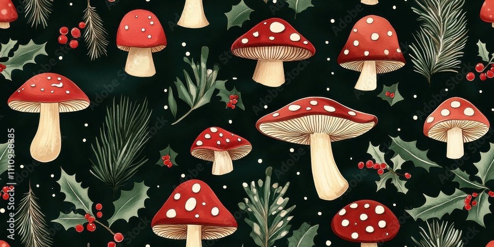 Colorful red mushrooms with white spots amid green foliage and holiday berries on a dark background during the winter season Colorful red mushrooms with white spots amid green foliage and holiday berries on a dark background during the winter season