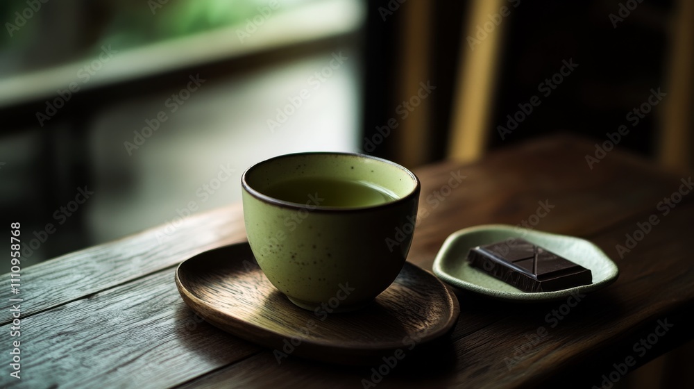 Photo of, A cup of green tea served in a minimalist ceramic mug, Minimalist tea shop setting Photo of, A cup of green tea served in a minimalist ceramic mug, Minimalist tea shop setting