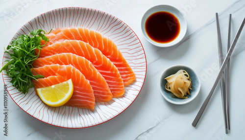 A top-down view of a beautifully plated salmon sashimi dish. The thinly sliced pieces of raw salmon