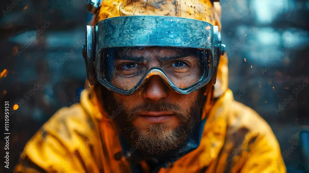 a serious man is engaged in welding equipment. welder in a protective suit at work a serious man is engaged in welding equipment. welder in a protective suit at work
