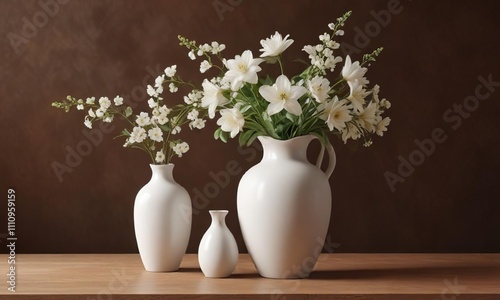 Sleek and elegant home interior with a white ceramic vase and matching white flowers on a brown backdrop, interior design, matching