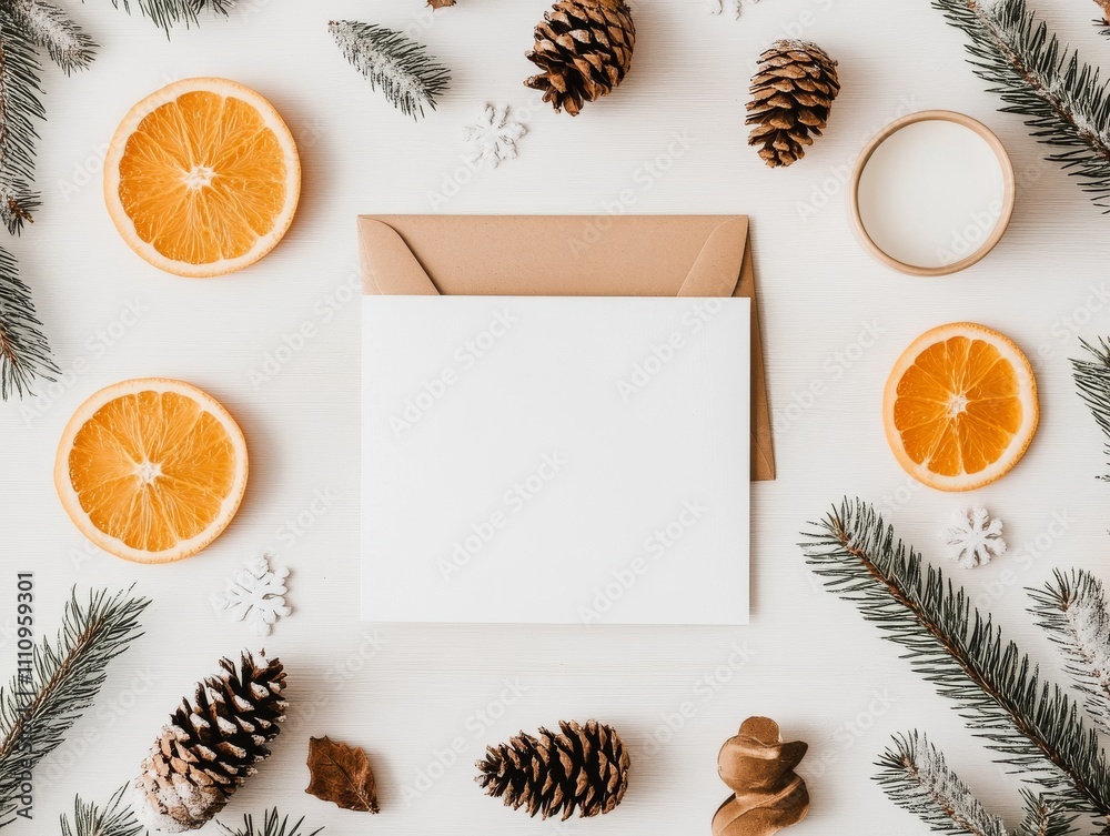 Obraz premium This minimalist holiday greeting card is displayed with slices of orange, fir sprigs, small pinecones, and a brown envelope, set on a light background.