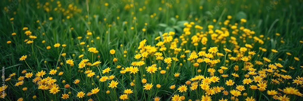 Small yellow wildflowers densely packed in a lush green meadow landscape, small yellow flowers, bright yellow blooms Small yellow wildflowers densely packed in a lush green meadow landscape, small yellow flowers, bright yellow blooms
