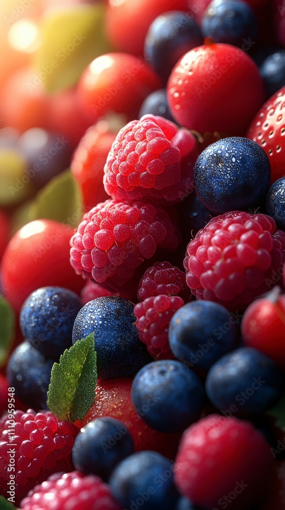 Close-up of a Colorful Mixture of Fresh Berries, Featuring Vibrant Raspberries and Blueberries, Perfect for a Healthy and Delicious Snack. Close-up of a Colorful Mixture of Fresh Berries, Featuring Vibrant Raspberries and Blueberries, Perfect for a Healthy and Delicious Snack.
