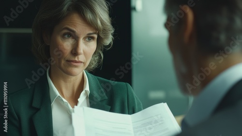 Professional Woman in Business Attire Interacting with Man in Office photo