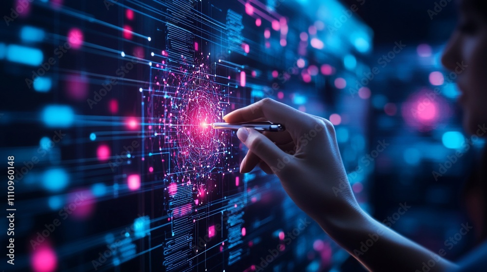 Hand interacts with a glowing digital network. Hand interacts with a glowing digital network.