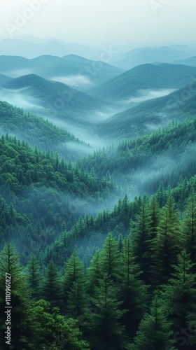Misty Mountain Majesty: A Breathtaking View of a Dense Forest Landscape