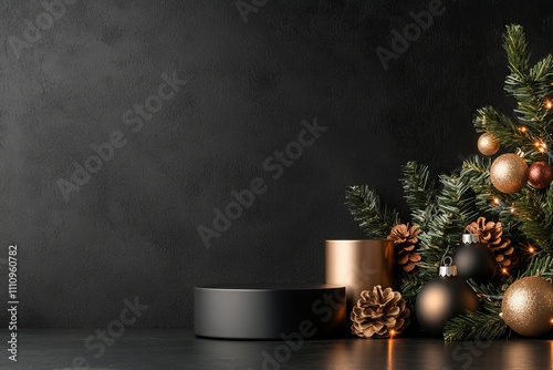 A sophisticated arrangement of holiday decor featuring gold and black ornaments and pine branches, set against a dark background, enhancing elegance and allure. photo