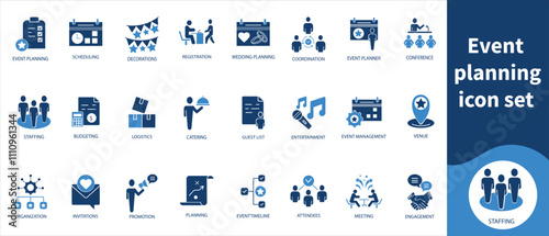Event planning icon set, anniversary, seminar, branding, banquet, concert, networking, discussion, fair, presentation, talk, meeting, festival, workshop, retreat, planning, celebration, ceremony,