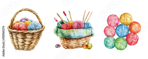 Watercolor baskets with knitting threads and knitting needles png. Concept of knitting with woolen threads. Materials for needlework. Vector illustration