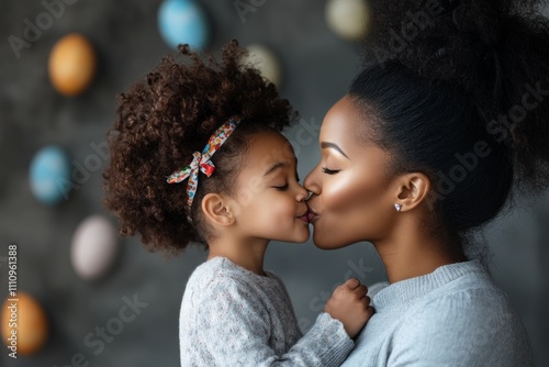 A loving mother and child share a tender kiss, showcasing familial love and bonding. The background features colorful Easter eggs, symbolizing festivity and joy. photo