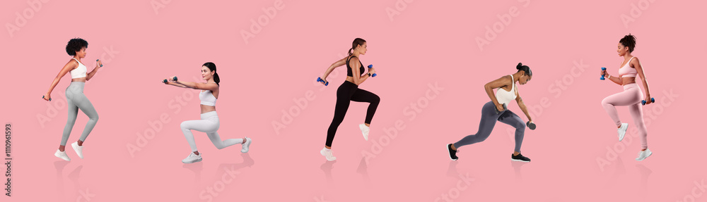 Several women of different appearances are performing a variety of fitness exercises, showcasing energy and strength. Their movements depict an active and healthy lifestyle.