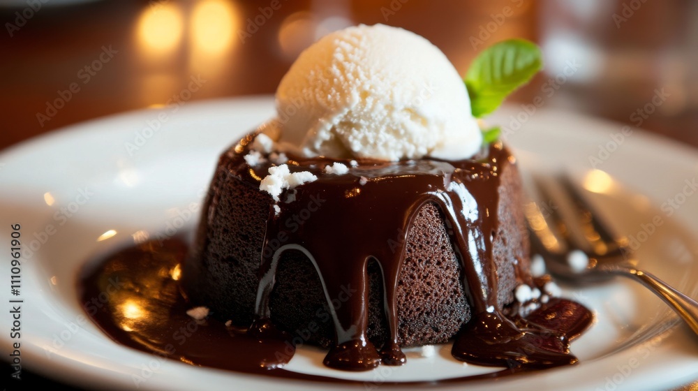 Photo of, A decadent chocolate lava cake oozing with molten chocolate, Cake plated