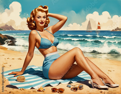 A vintage-inspired illustration of a glamorous woman lounging on a sunny beach. She wears a stylish blue swimsuit while sailboats glide by in the background