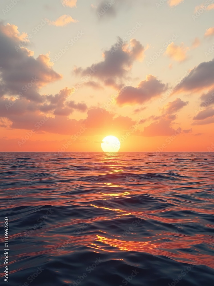 Obraz premium Softly glowing amber sunset over a tranquil ocean, serene landscape, sunset colors