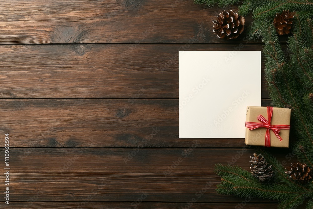 A traditional Christmas card scene with a wrapped gift, pine cones, and branches on a dark wooden table, capturing the essence of festive warmth and joy. A traditional Christmas card scene with a wrapped gift, pine cones, and branches on a dark wooden table, capturing the essence of festive warmth and joy.