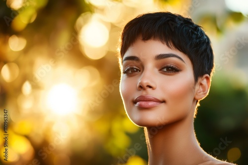 A portrait of a woman with short hair, framed by warm golden sunlight in the background, captures a moment of serenity and natural beauty with gentle hues. photo