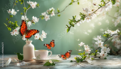 Cozy spring Product display podium mock up background, beautiful spring flowers, butterflies, warm light, ad, podium platform, product presentation space