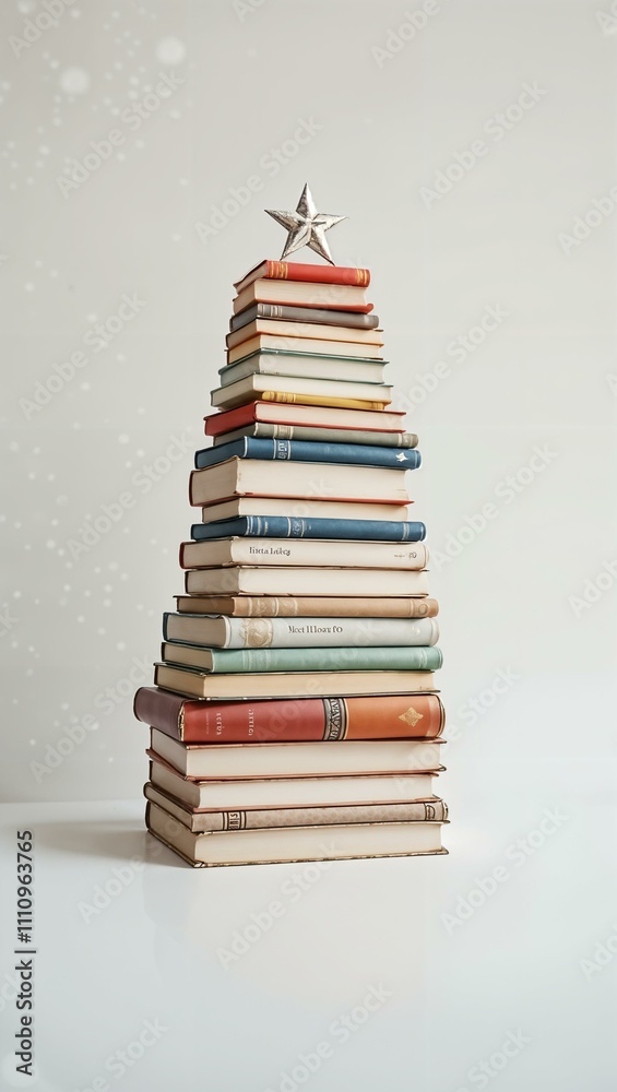 Creative holiday book stack arranged like a Christmas tree with decorations and a white background Creative holiday book stack arranged like a Christmas tree with decorations and a white background