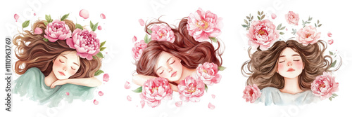 Watercolor illustration made in a delicate watercolor style using pastel shades. A young woman lying with her eyes closed, surrounded by large peony flowers. Vector illustration.