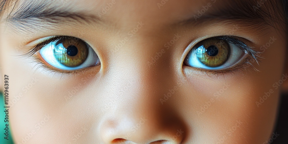 Naklejka premium Captivating close-up of a child’s expressive eyes reflecting curiosity and innocence during a sunny day outdoors