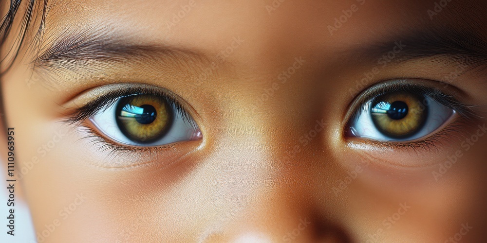 Naklejka premium Child with captivating brown eyes gazes directly at the viewer in a close-up shot, showcasing innocent curiosity and wonder that captures the essence of childhood