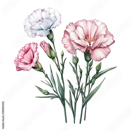 Watercolor carnations png. Pink and purple carnation flowers with green stems and leaves. Romantic watercolor flowers. Vintage bouquet of flowers png. Vector illustration.
