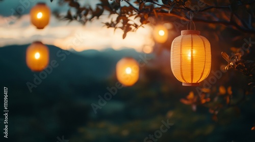 Illuminated Paper Lanterns Hanging from a Tree Branch at Sunset