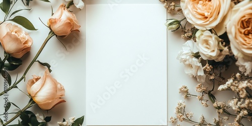 Elegant arrangement of blank stationery surrounded by delicate roses and flowers in a serene setting perfect for invitations or notes photo