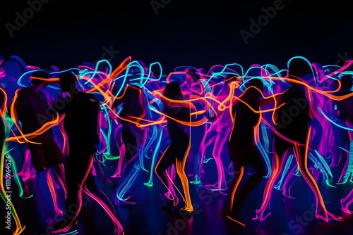 A pulsating neon outline of partygoers dancing at a virtual dance event set against a dark backdrop.  photo