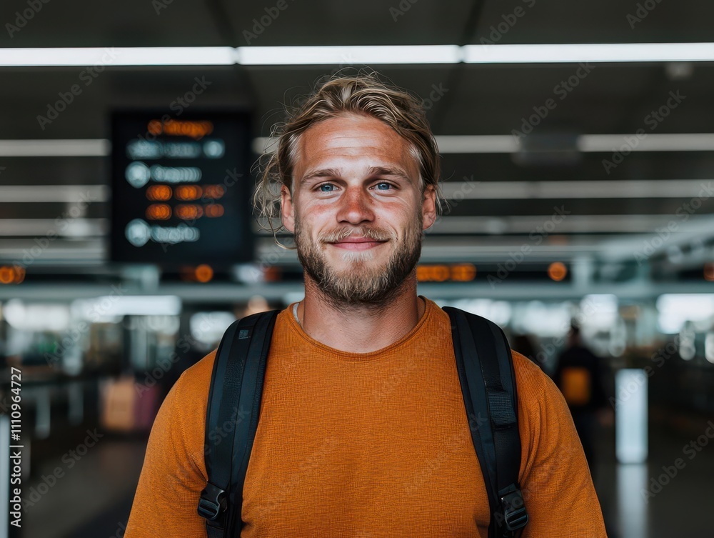 Fototapeta premium travel restrictions concept. travel restrictions concept. A traveler standing in front of a digital display at an airport showing updated entry requirements