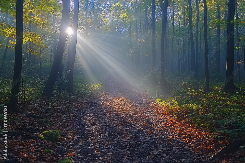 Fototapeta premium Sunbeams Illuminate Autumn Forest Path